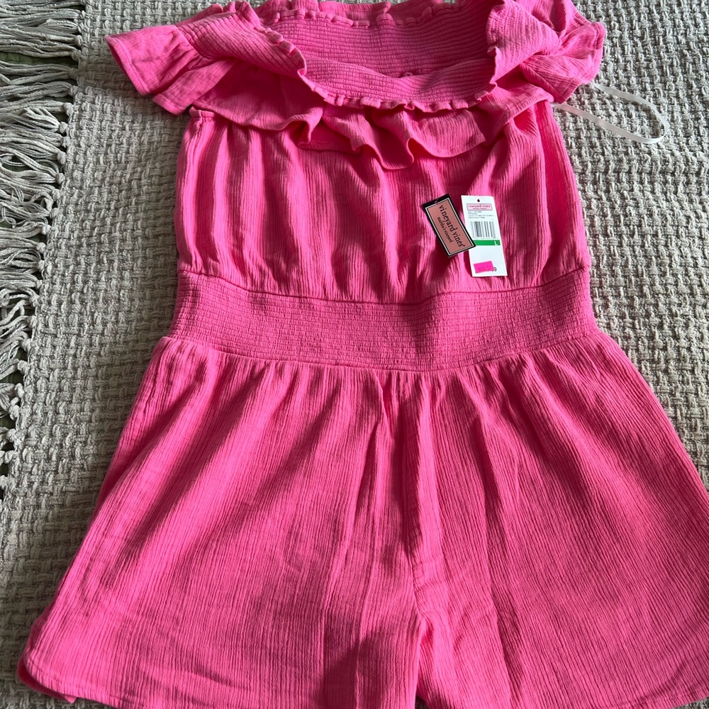 Vineyard  vines short romper can be worn off shoulder or on shoulder.
